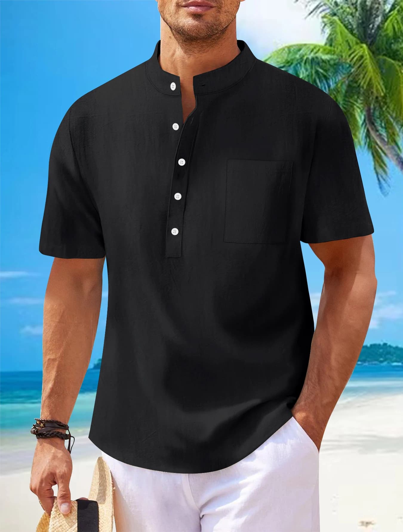 2025 été nouvelle chemise à manches courtes pour hommes européens et américains coton chanvre couleu