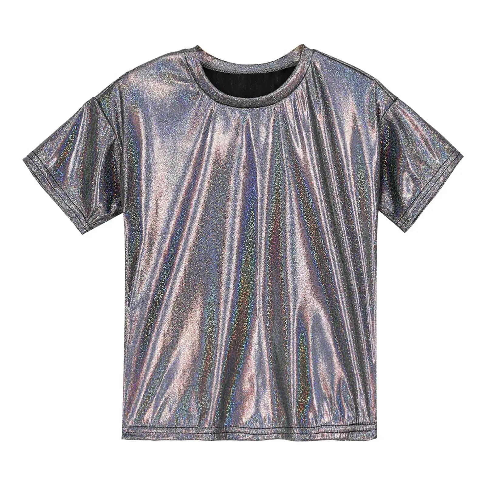 T-shirt métallique brillant pour garçons et filles, chemise extensible pour enfants, blouse pour jaz