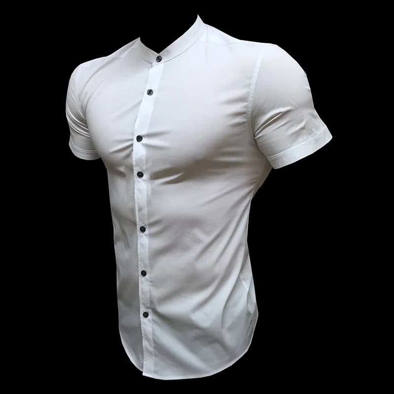 Mode d'été chemise à manches courtes hommes coupe ajustée affaires sociales col montant robe chemise