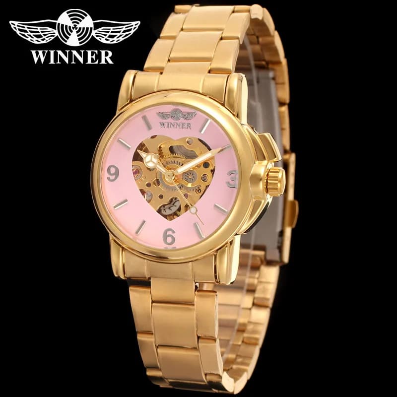 T-WINNER nouvelles femmes de luxe haut marque automatique montre mécanique squelette doré amour en a