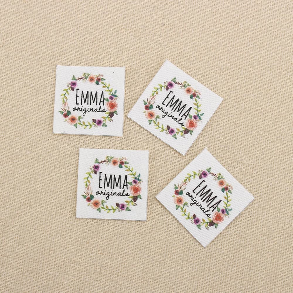 Étiquettes en coton personnalisées – Coin carré 25x25 mm (à repasser et à coudre) pour la mode, les 
