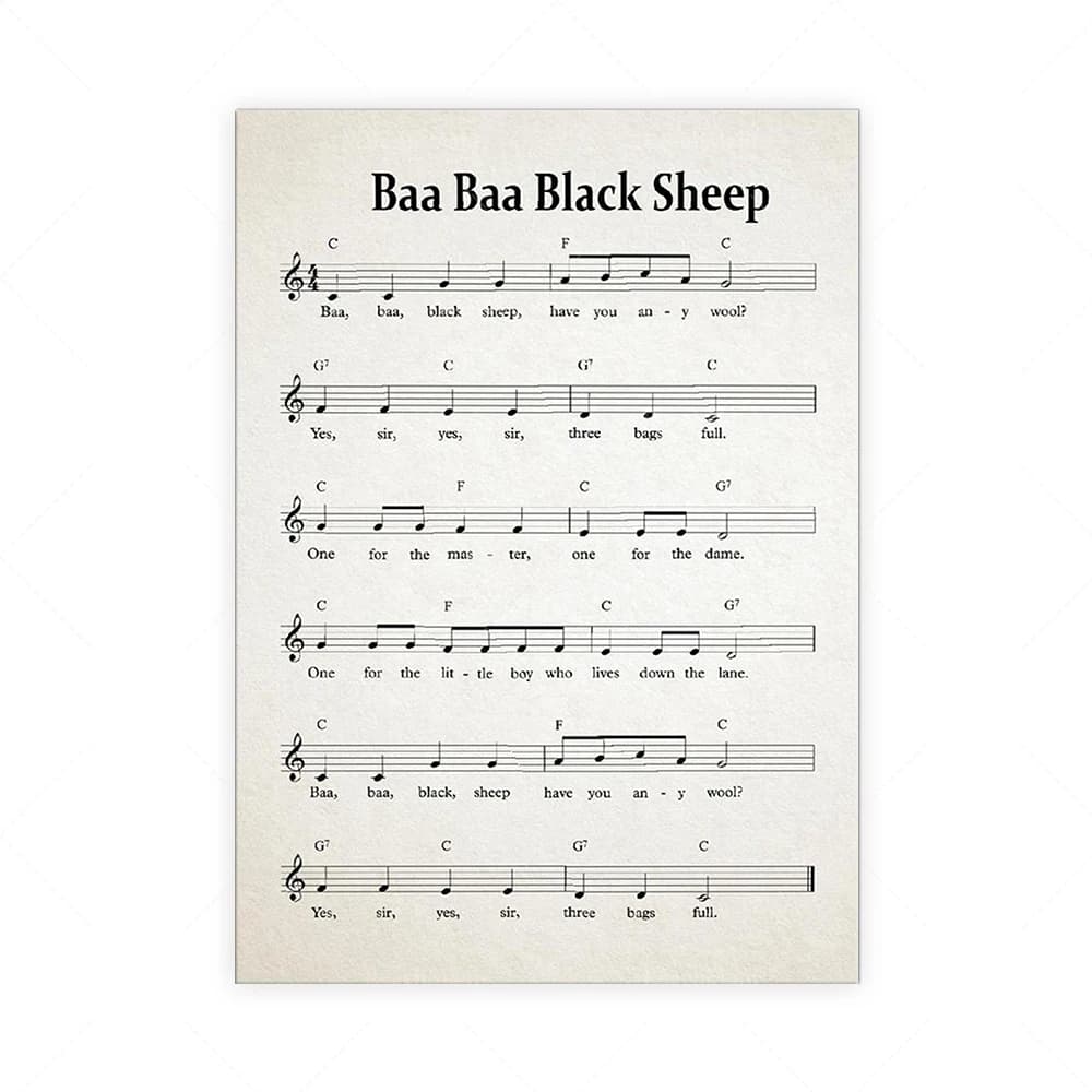 Baa Baa Black Sheep Nursery Dangmes Music Sheet Poster, Affiche