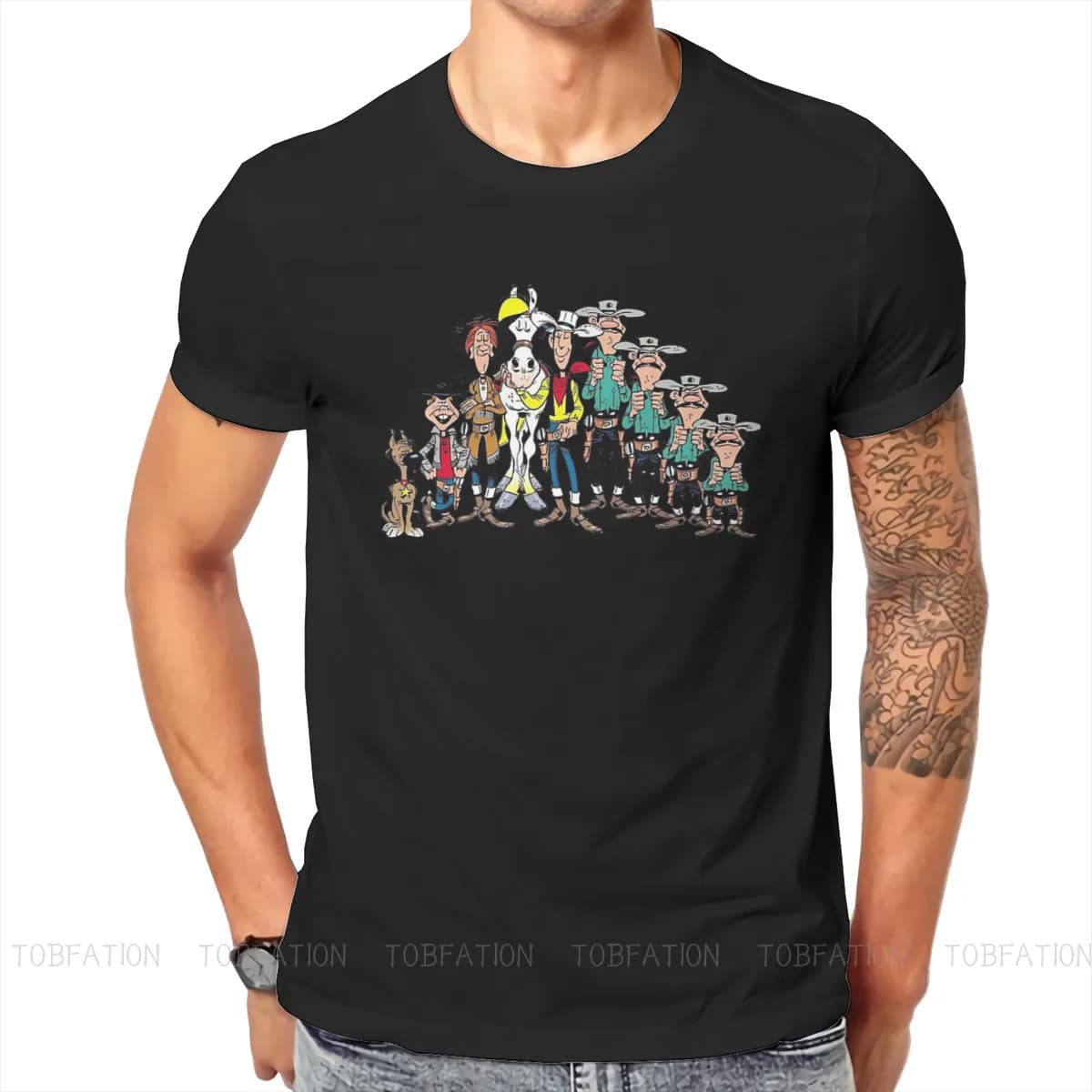 T-shirt à col rond avec personnages de dessin animé Lucky Luke, vêtements gothiques Vintage pour hom