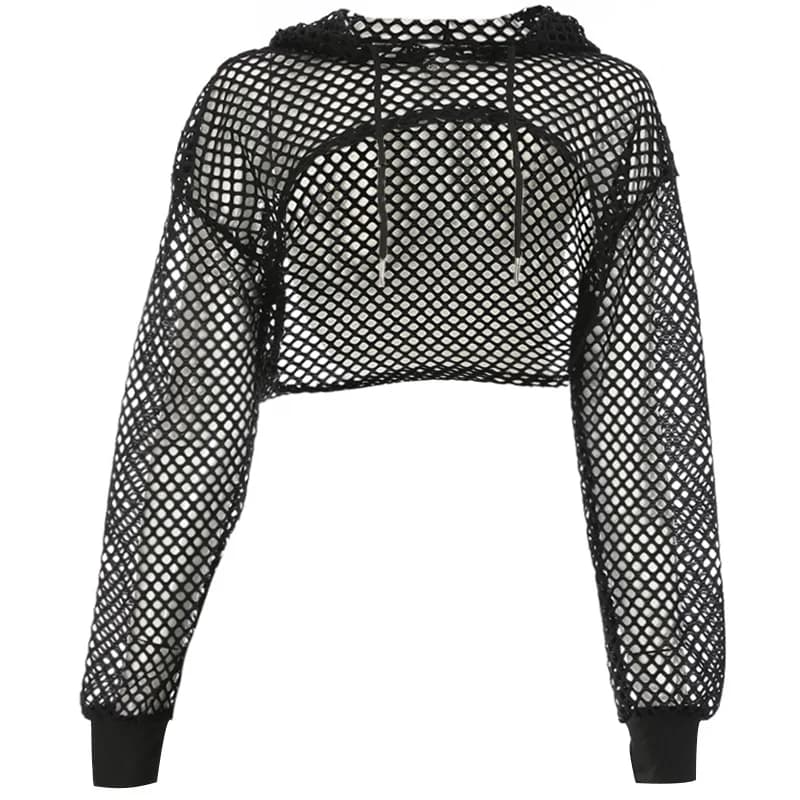 T-shirt en résille à manches longues pour femmes, style de rue, transparent, évider, à capuche, haut