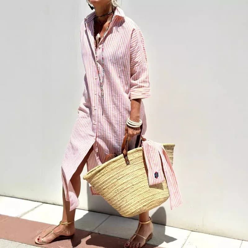 Robe chemise cardigan à col polo sans manches mi-longue rayée tendance pour femme, nouveau style à m