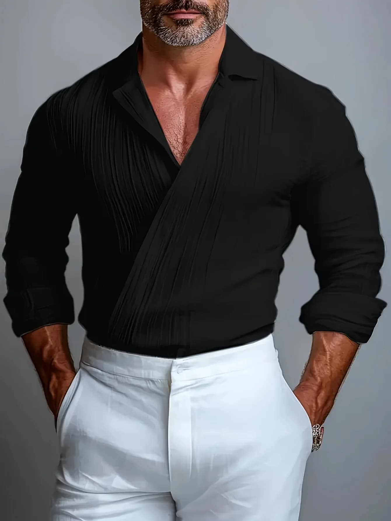 LVLAEA chemise texturée plissée hommes automne couleur unie à manches longues revers vieille argent 