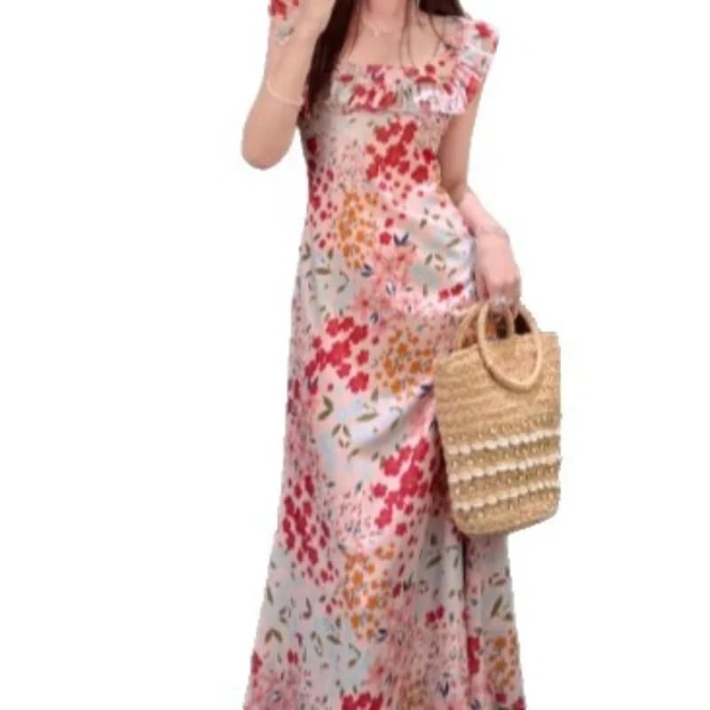 Robe longue à fleurs et col carré pour femmes, Streetwear français, pause thé, rétro, bords à volant