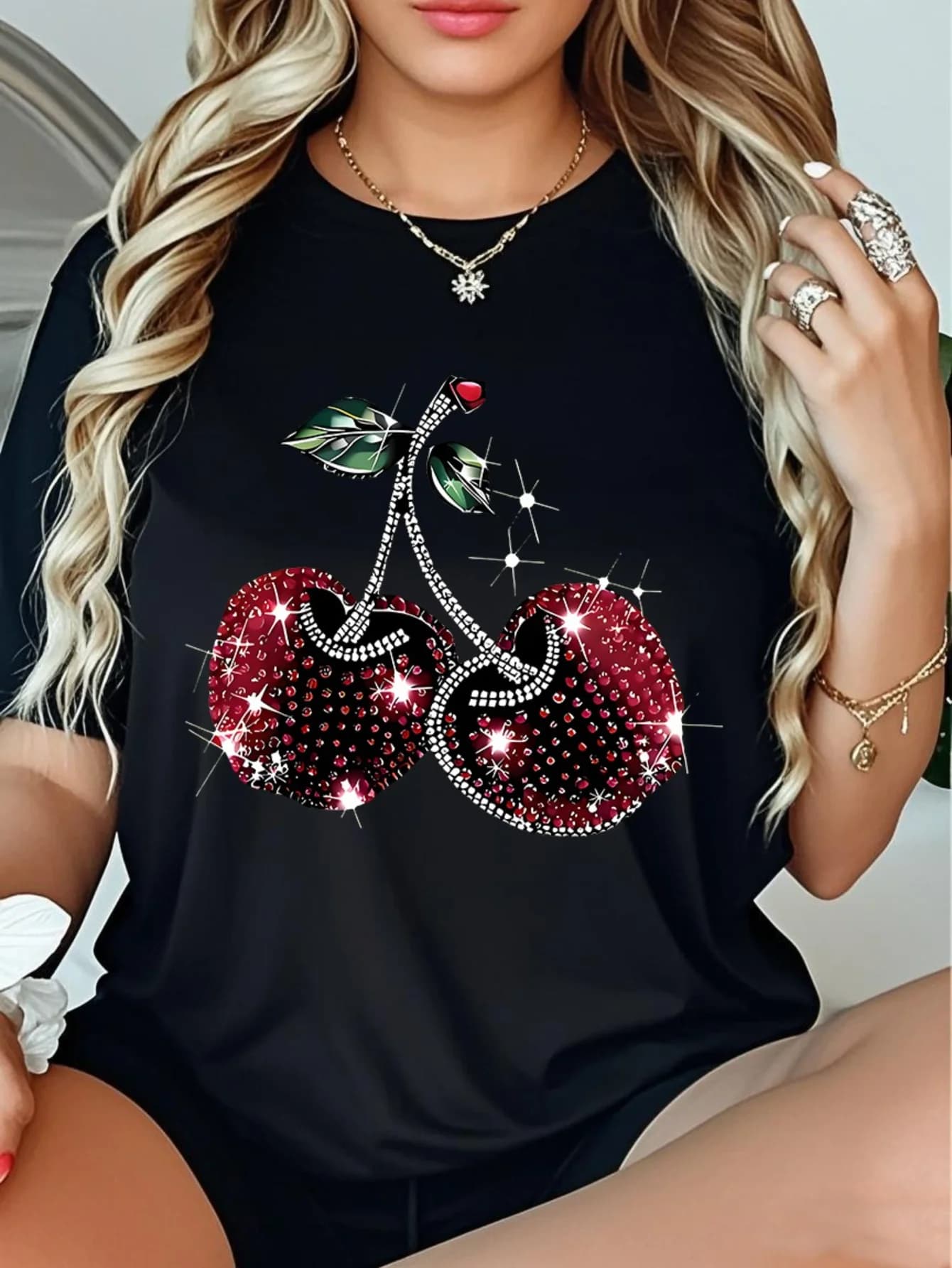 T-shirt pour femme à imprimé cerises scintillantes, élégant et décontracté, à manches courtes et col