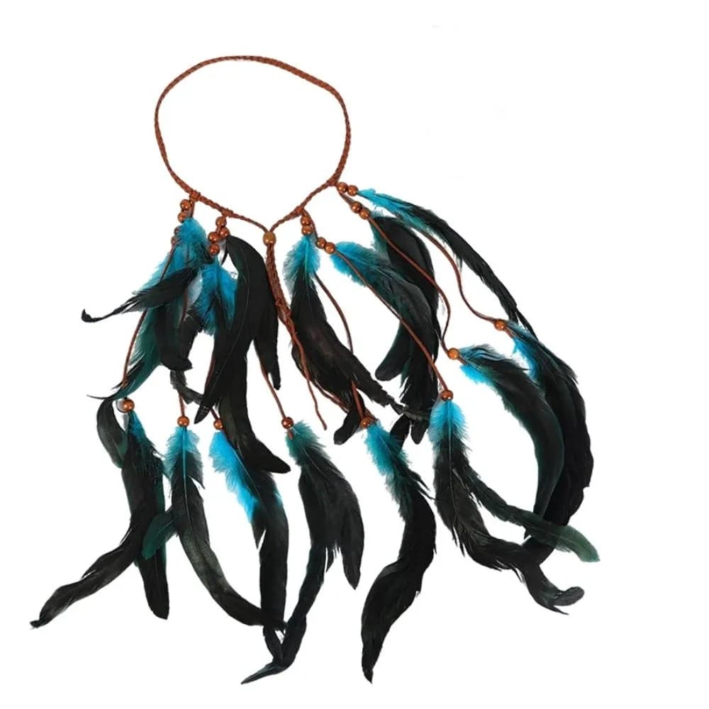 Serre-tête Bohème Chic Ethnique Indien Fait Main avec Plumes et Pompons, Accessoire Cheveux Perles e