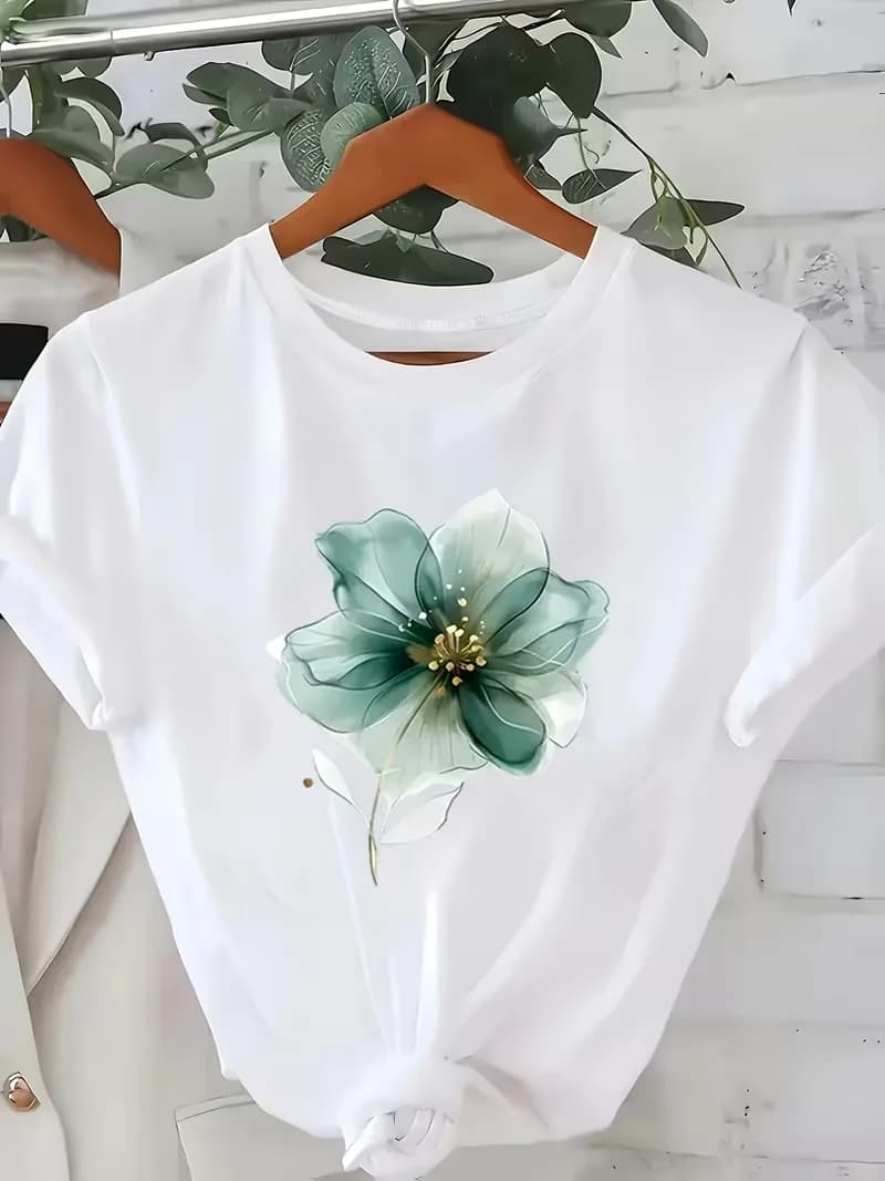 T-shirt à imprimé floral pour femme avec accents dorés - Haut décontracté à manches courtes, tenue p