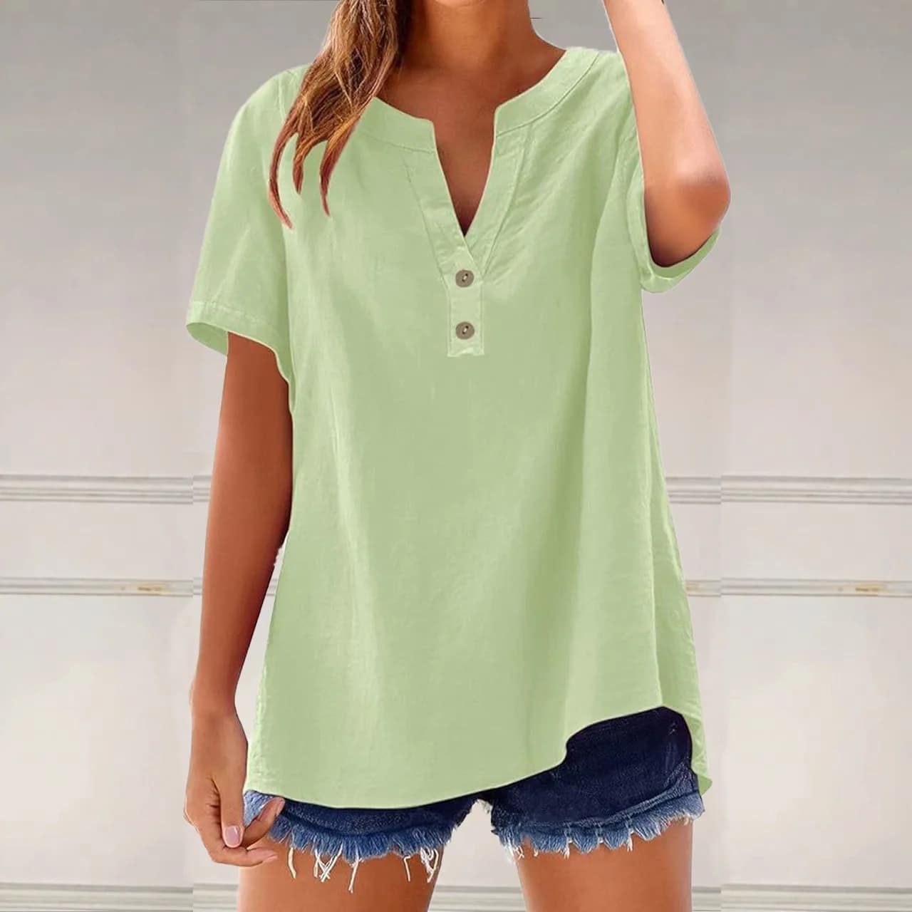 Été coton lin femmes chemises mode respirant couleur unie col en v Blouses décontracté à manches cou
