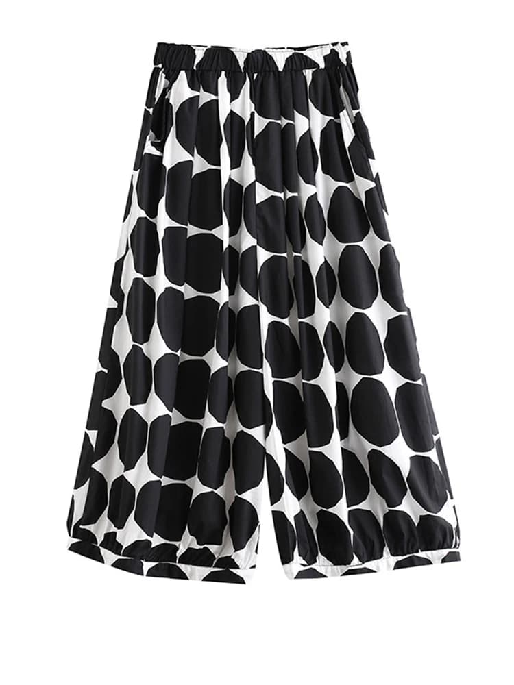 [EAM] taille haute élastique point noir imprimé longue jambe large pantalon nouveau coupe ample femm