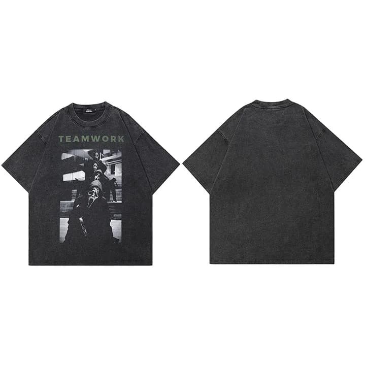 HipHop 2025 rétro Vintage lavé noir T-Shirt Streetwear graphique travail d'équipe crâne fantôme T-Sh