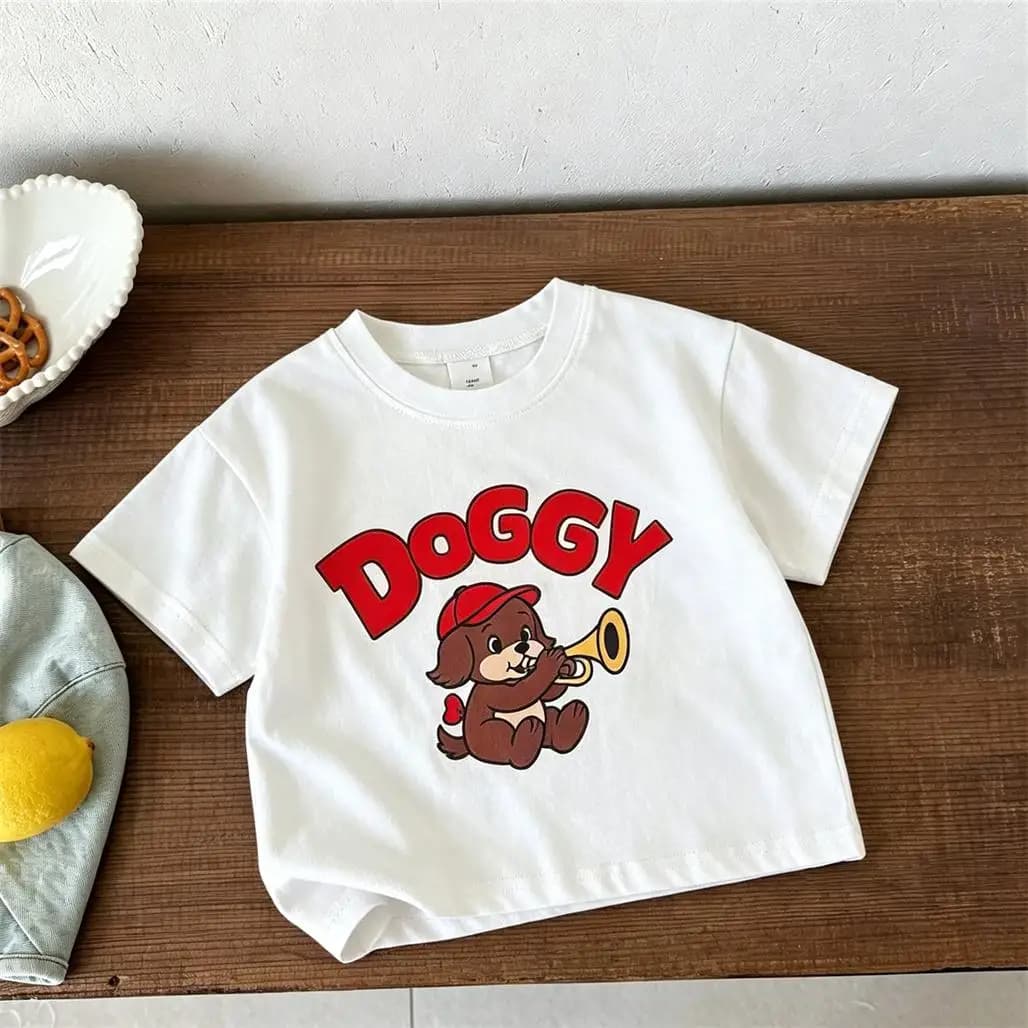T-shirts blancs et bleus pour bébés garçons et filles, col rond, nouveau design, t-shirt imprimé de 