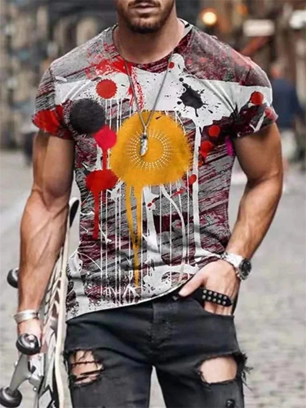 T-shirt imprimé 3D vintage pour hommes, col rond, Cool, surdimensionné, Muscle Streetwear, vêtements