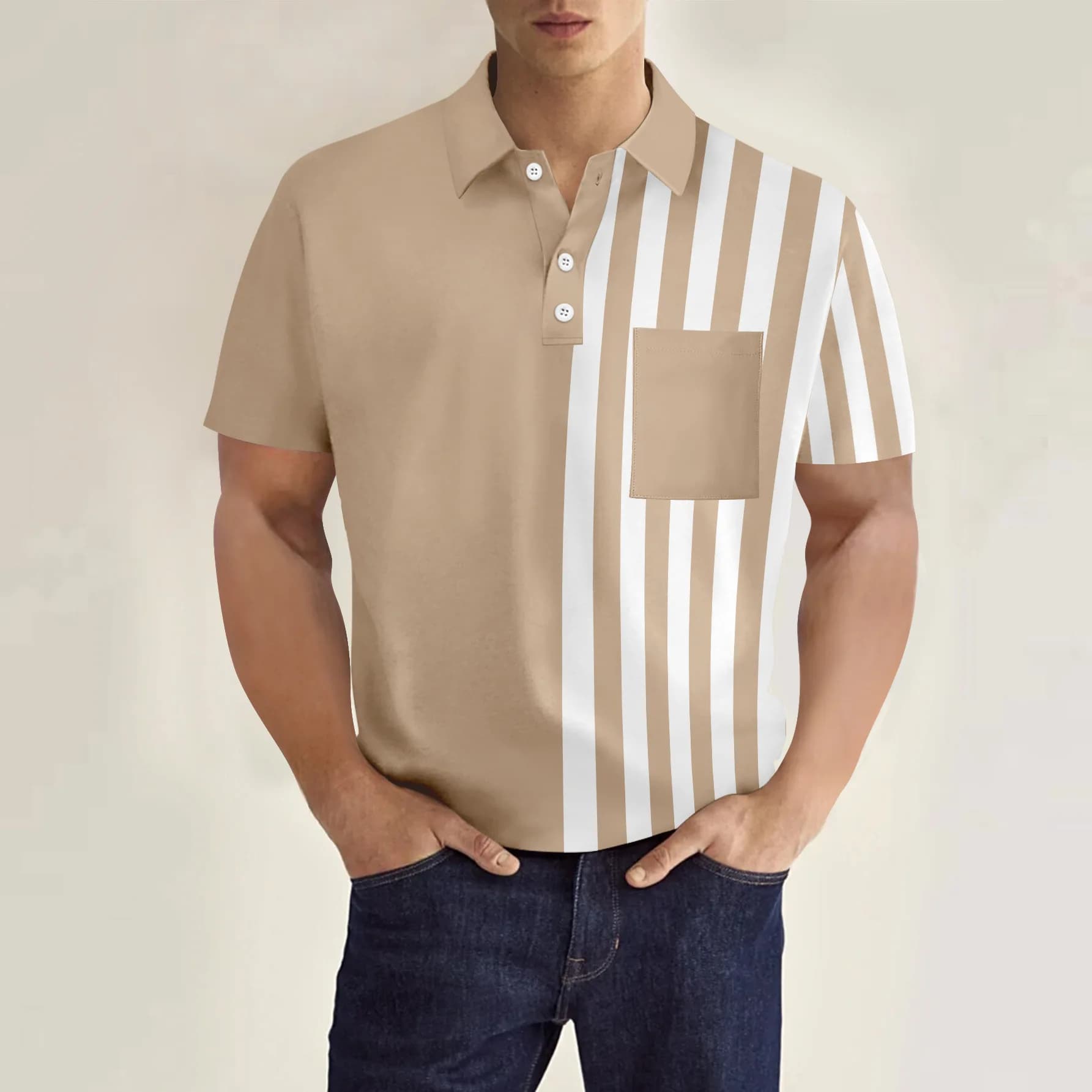 Nouveau T-shirt décontracté pour homme avec poche poitrine, col en V, boutons, imprimé rayé, polyval