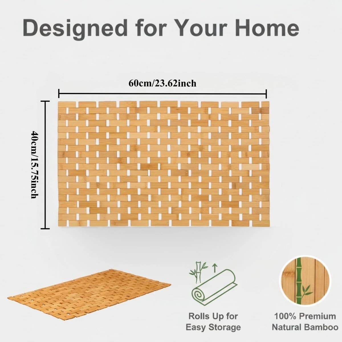 Tapis de bain et de douche en bambou – Design à lattes en bois enroulables avec base antidérapante,