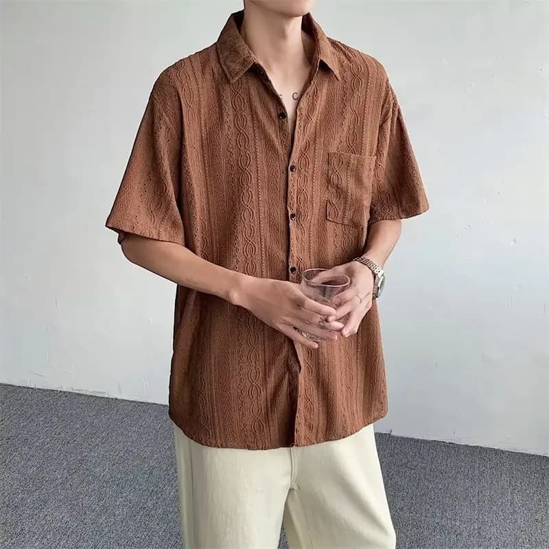 Chemises amples ajourées vintage japonaises pour hommes, chemises unies à manches courtes drapées, h