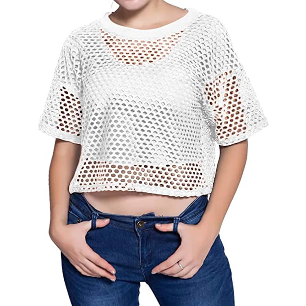 T-shirt manches courtes col rond femme, sexy, résille, transparent, court, décontracté, été, solide,
