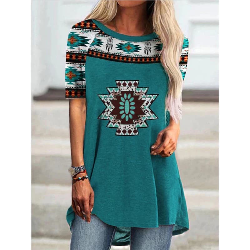 T-shirt de style ethnique occidental pour femmes, impression 3D, streetwear géométrique, tunique rét