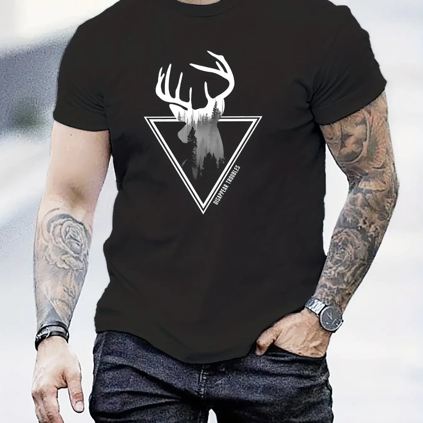 T-shirt imprimé cerf et montagne pour hommes, divers motifs, t-shirt graphique confortable, vêtement