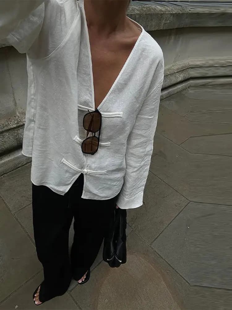 Chemisier Chic en Lin et Coton à Manches Longues pour Femme, Col en V, Boutonnage Simple, Collection