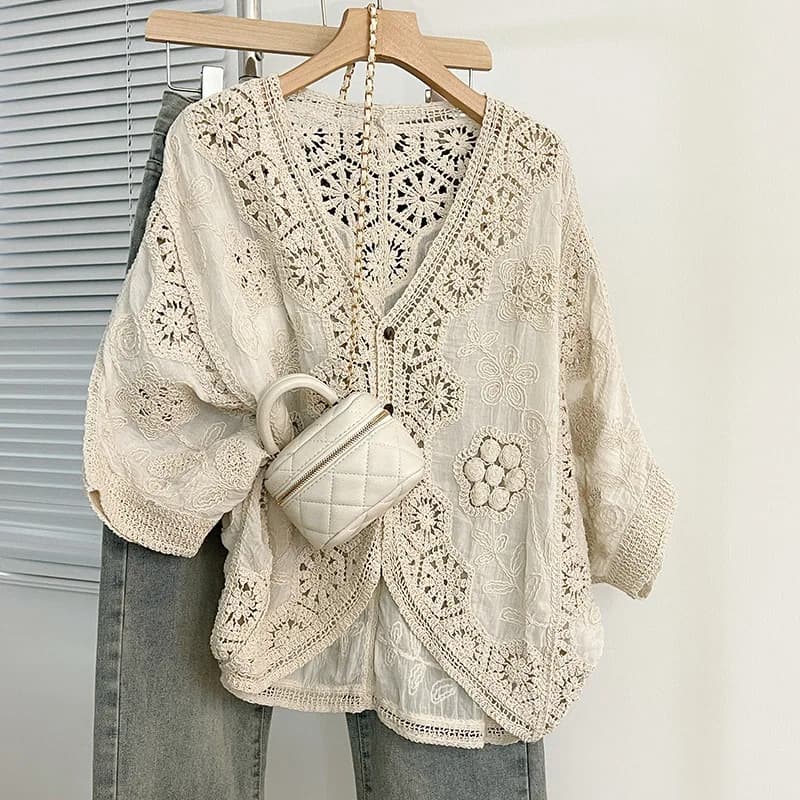 Cardigan Boho Crochet – Cover-Up romantique en dentelle florale et géométrique pour les vacances et 
