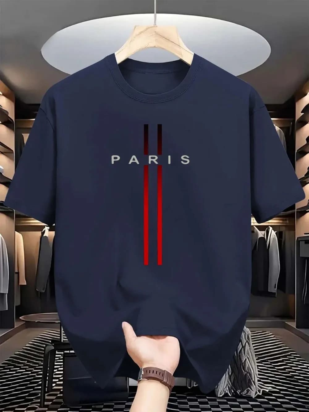 Été Paris hommes nouvelle rayure imprimé confortable et respirant col rond T-shirt extérieur urbain