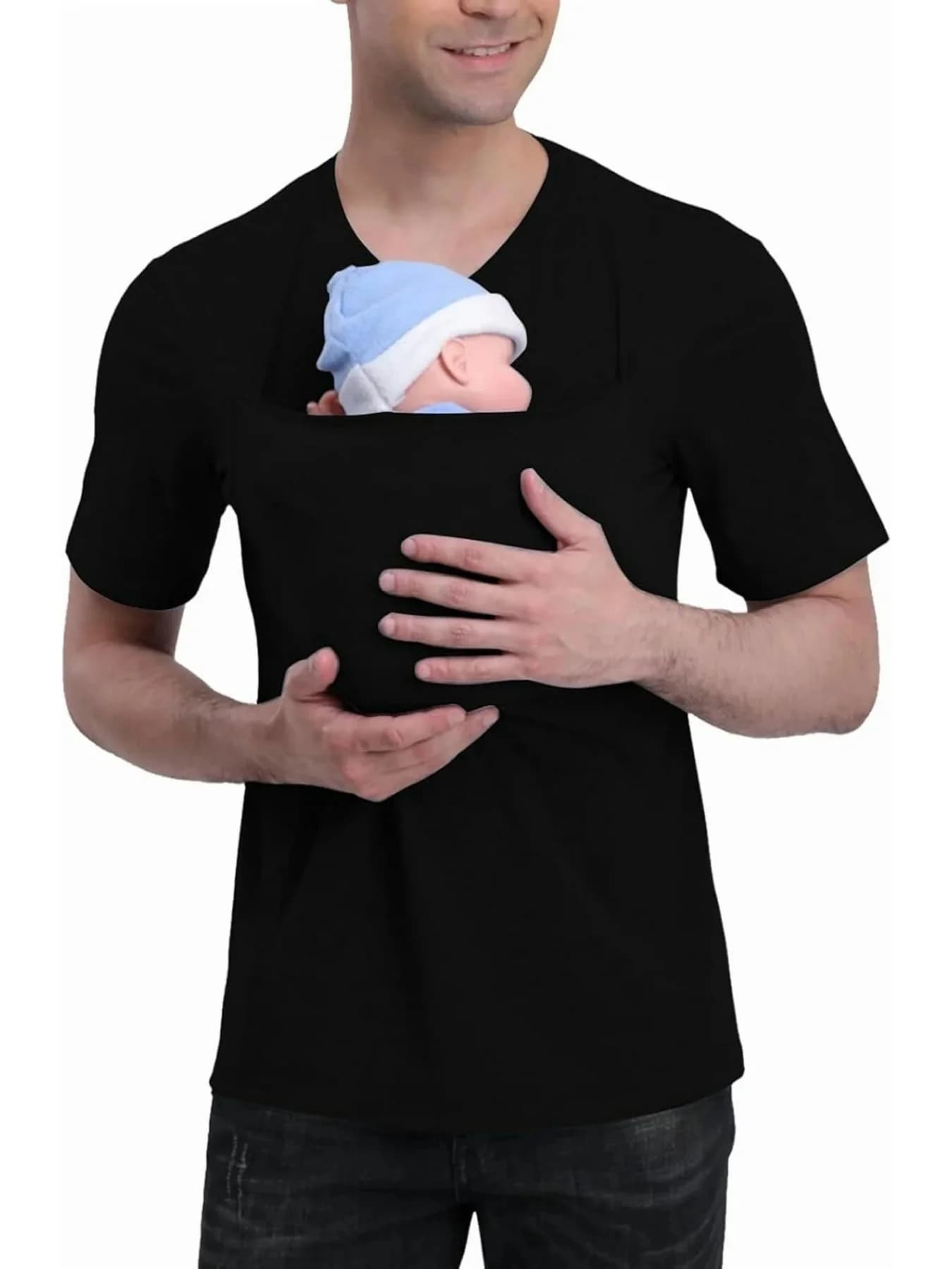 T-shirt kangourou pour homme, à manches courtes, avec poche porte-bébé, style décontracté pour papa,