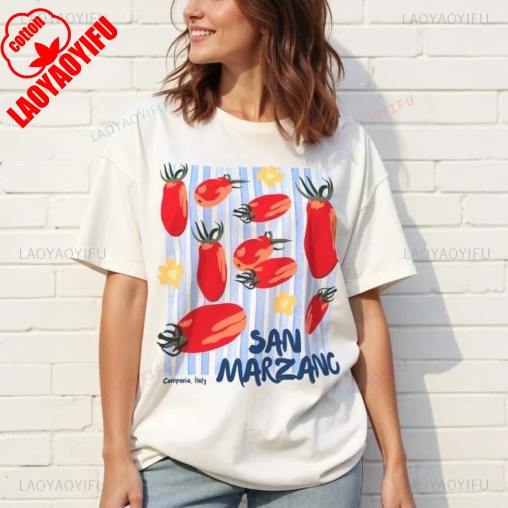 Vintage italien tomate coton graphique t-shirt chemise d'été femmes haut italie vacances esthétique