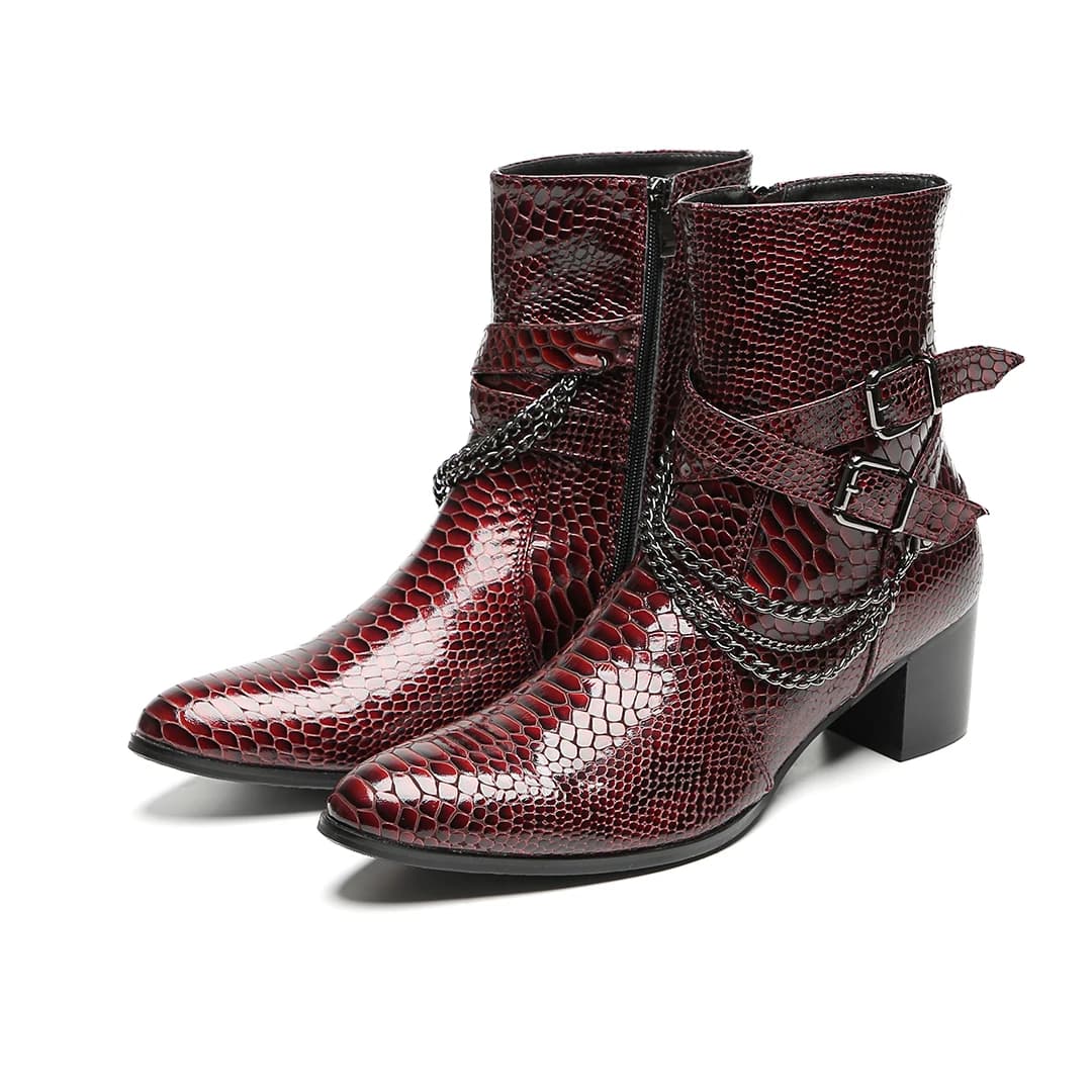 Bottines pour hommes en peau de serpent bordeaux : chaîne, boucles, fermeture éclair, talon bloc |  