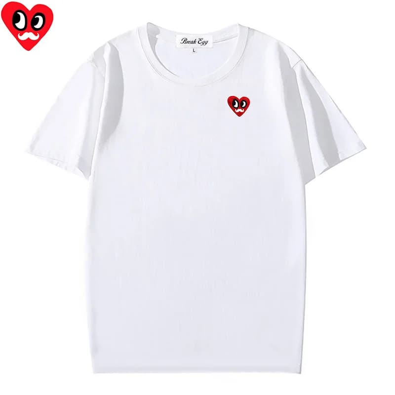 Rouge divers yeux intéressants Animal coeur broderie T-shirt femmes hommes coton col rond à manches