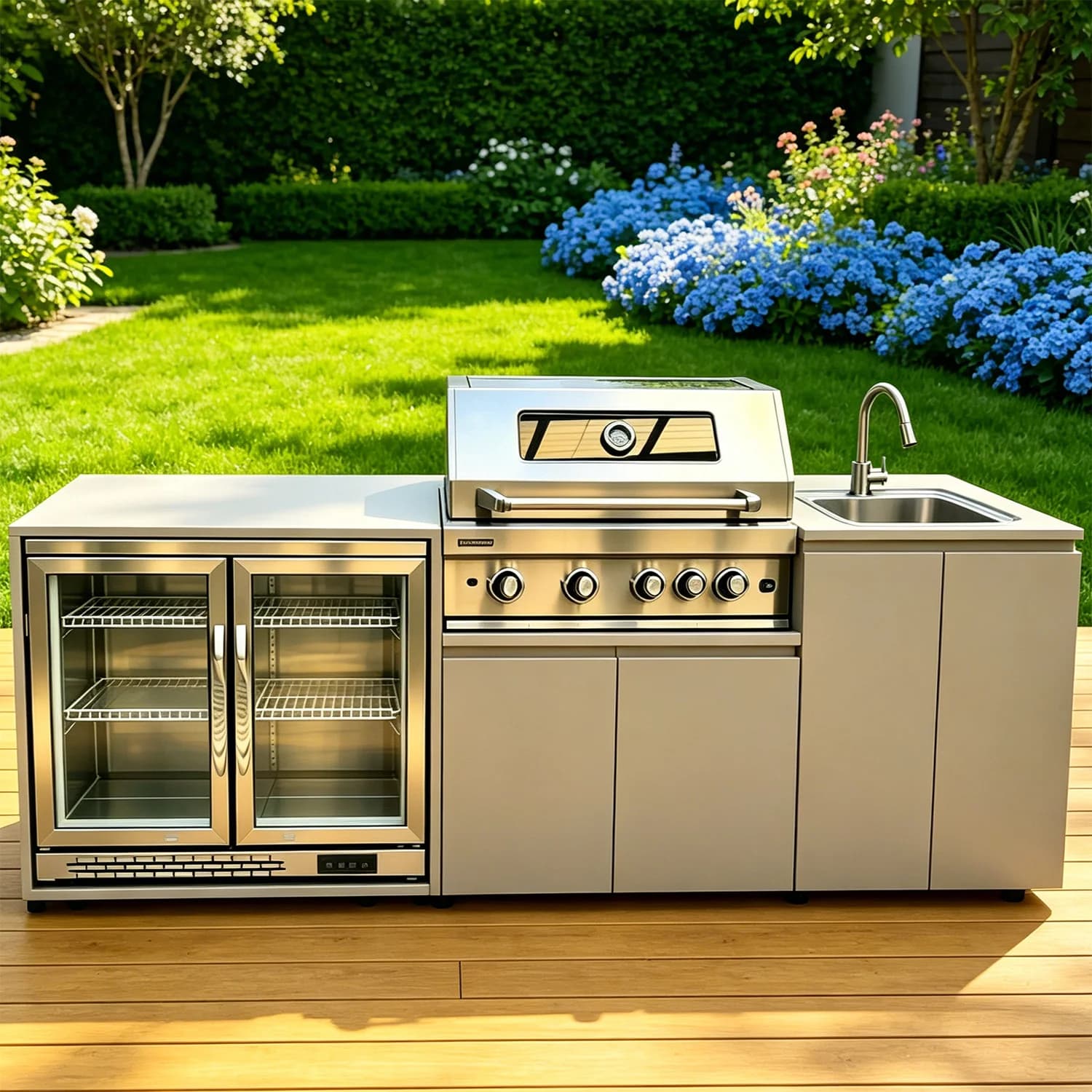 Cuisine extérieure professionnelle en acier inoxydable pour jardin et patio, avec barbecue, plan de