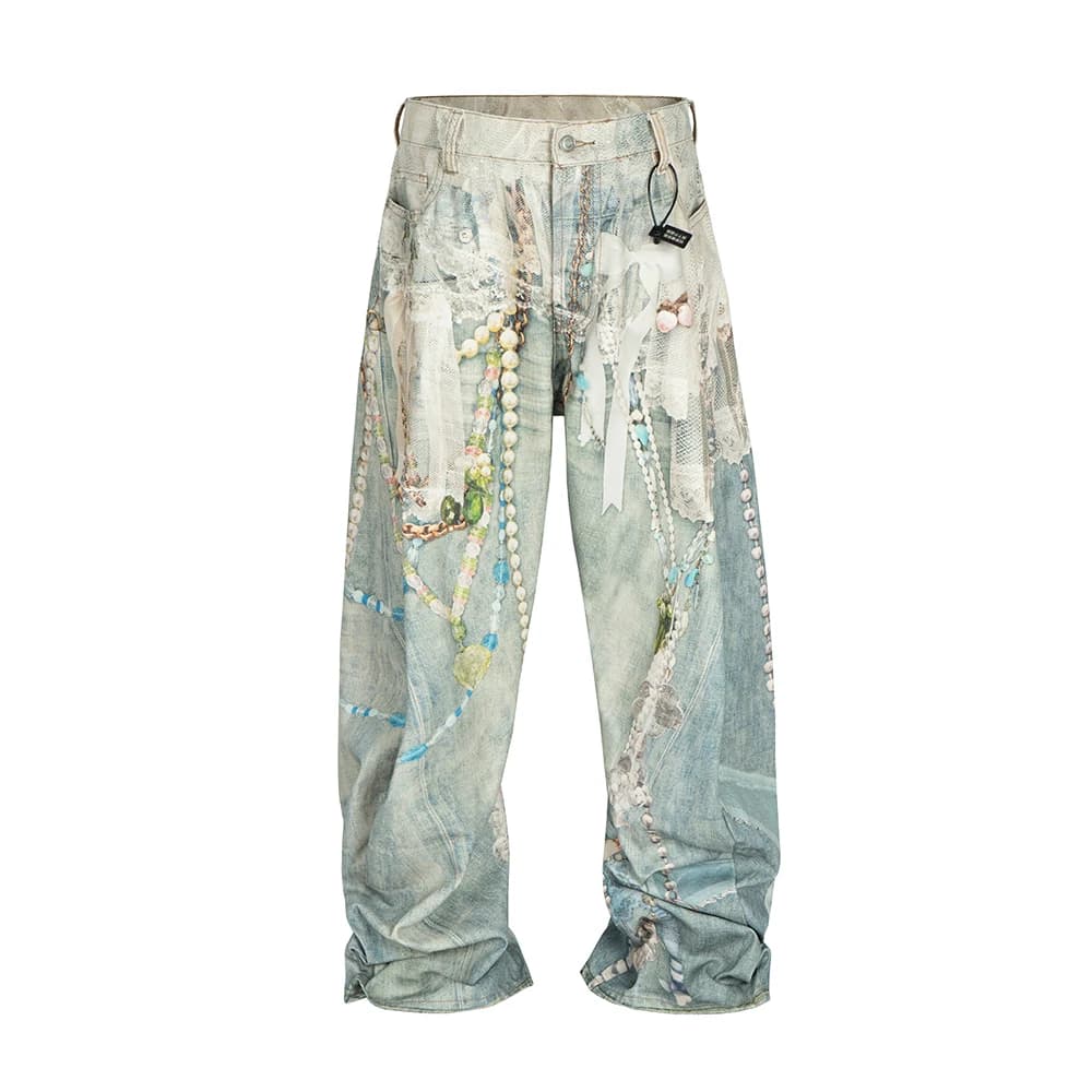 Jean Baggy imprimé chaîne de perles en dentelle assortie aux couleurs pour hommes et femmes, Streetw