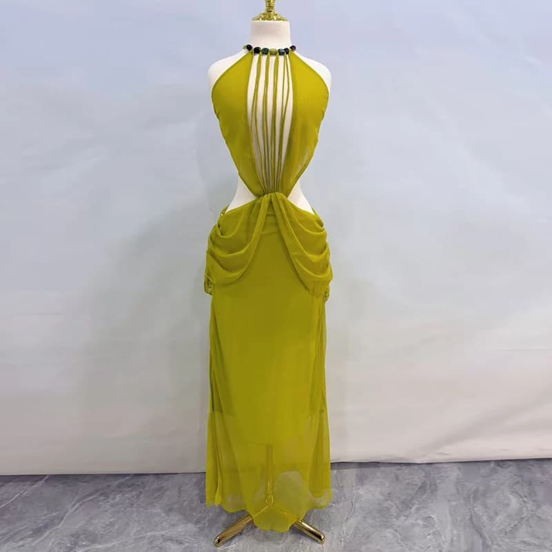 Robe longue sexy ajourée à col halter pour femme, unie, dos nu, sans manches, plissée, pour les vaca