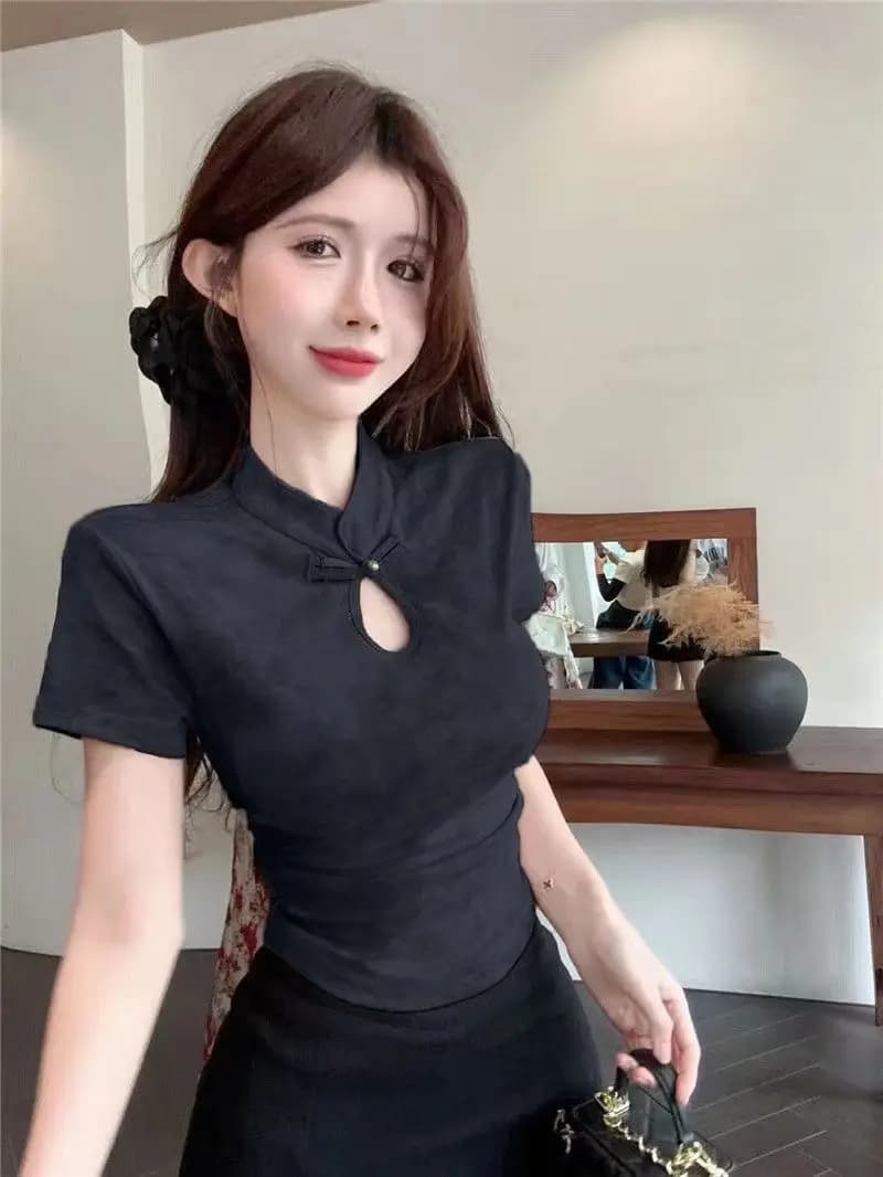 Économie de style chinois pour femmes, manches courtes, monochromatique, coupe minimaliste, streetwe