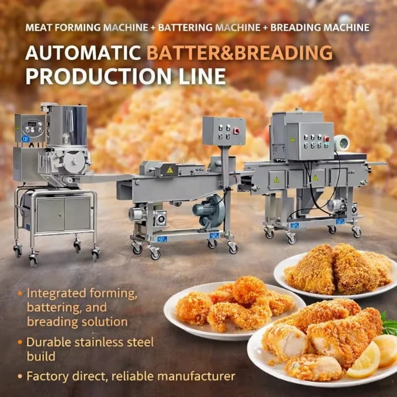 Ligne de production automatisée personnalisée pour la fabrication de nuggets, avec formage, enrobage