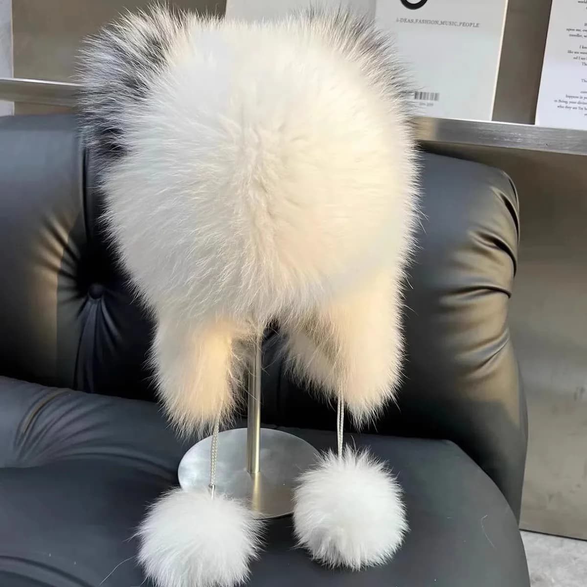Ushanka-Chapeaux en fourrure de renard véritable pour femmes, chapeau de bombardier cousu à la main,