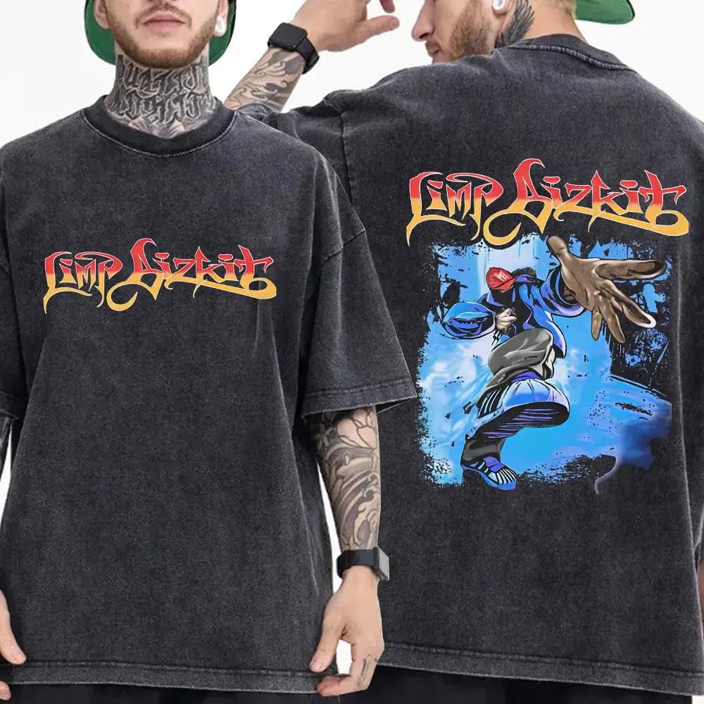 T-shirt oversize vintage Limp Bizkit pour femmes et hommes avec des éléments gothiques et hip-hop, m