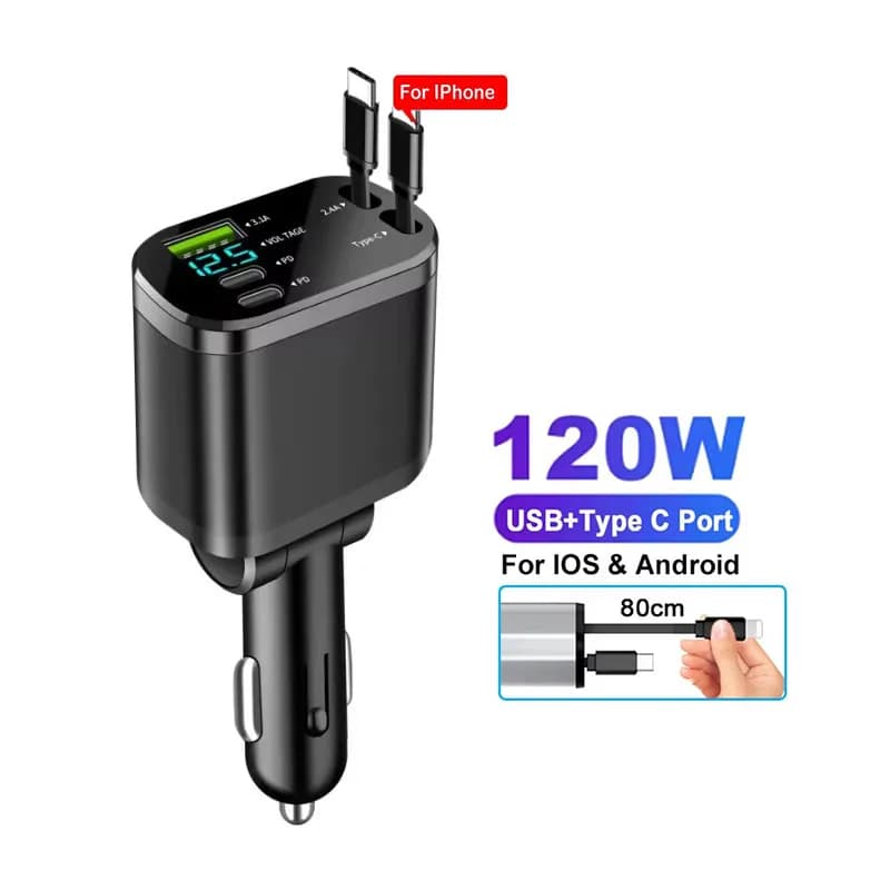Chargeur de téléphone de voiture 4 en 1, 120W Type C 66W + 2,4 a, câble de chargement avec cordons r