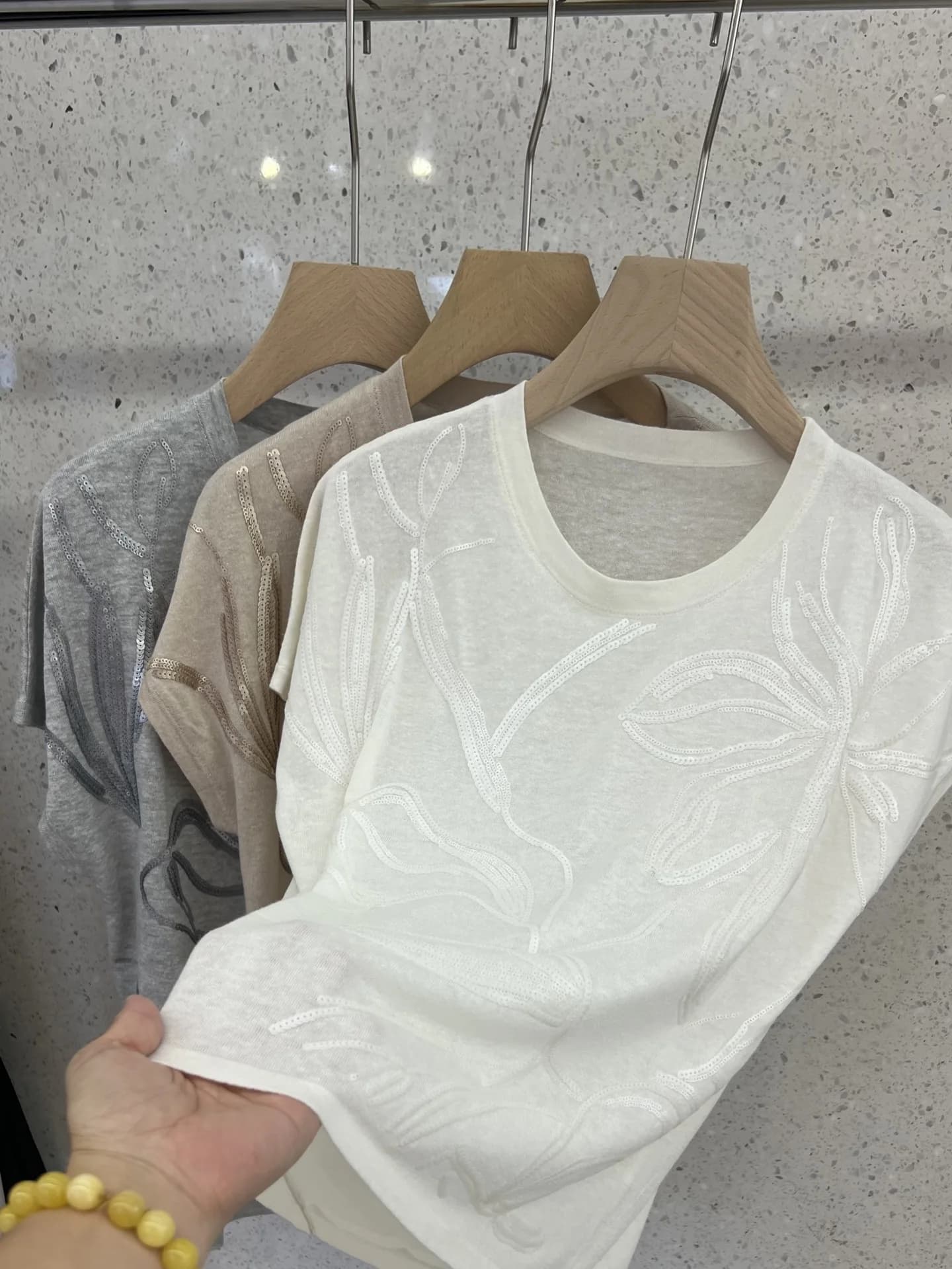 Haut en lin et soie à paillettes pour femme, t-shirt d'été à manches courtes