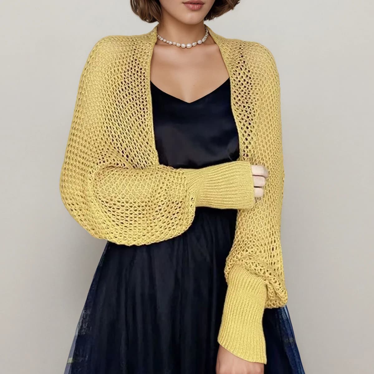 1 pièce Cape à manches nid d'abeille pour femme, Printemps/Été, avec col tricoté et design ajouré, a