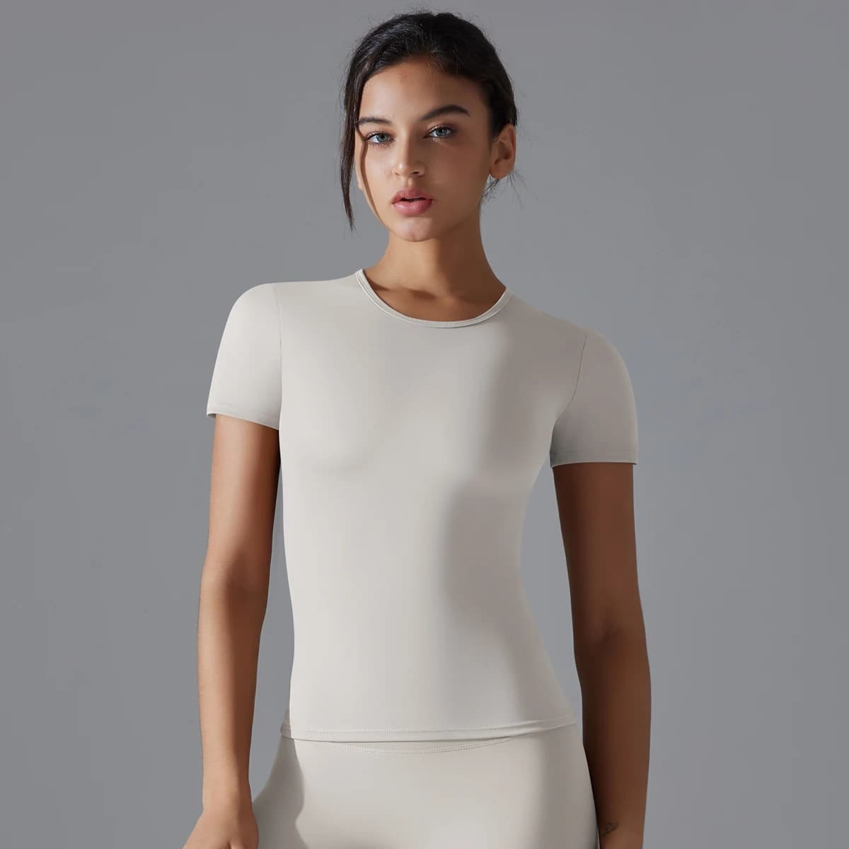 Femmes course sport t-shirt été à manches courtes col rond respirant extensible GYM Yoga mince Fitne