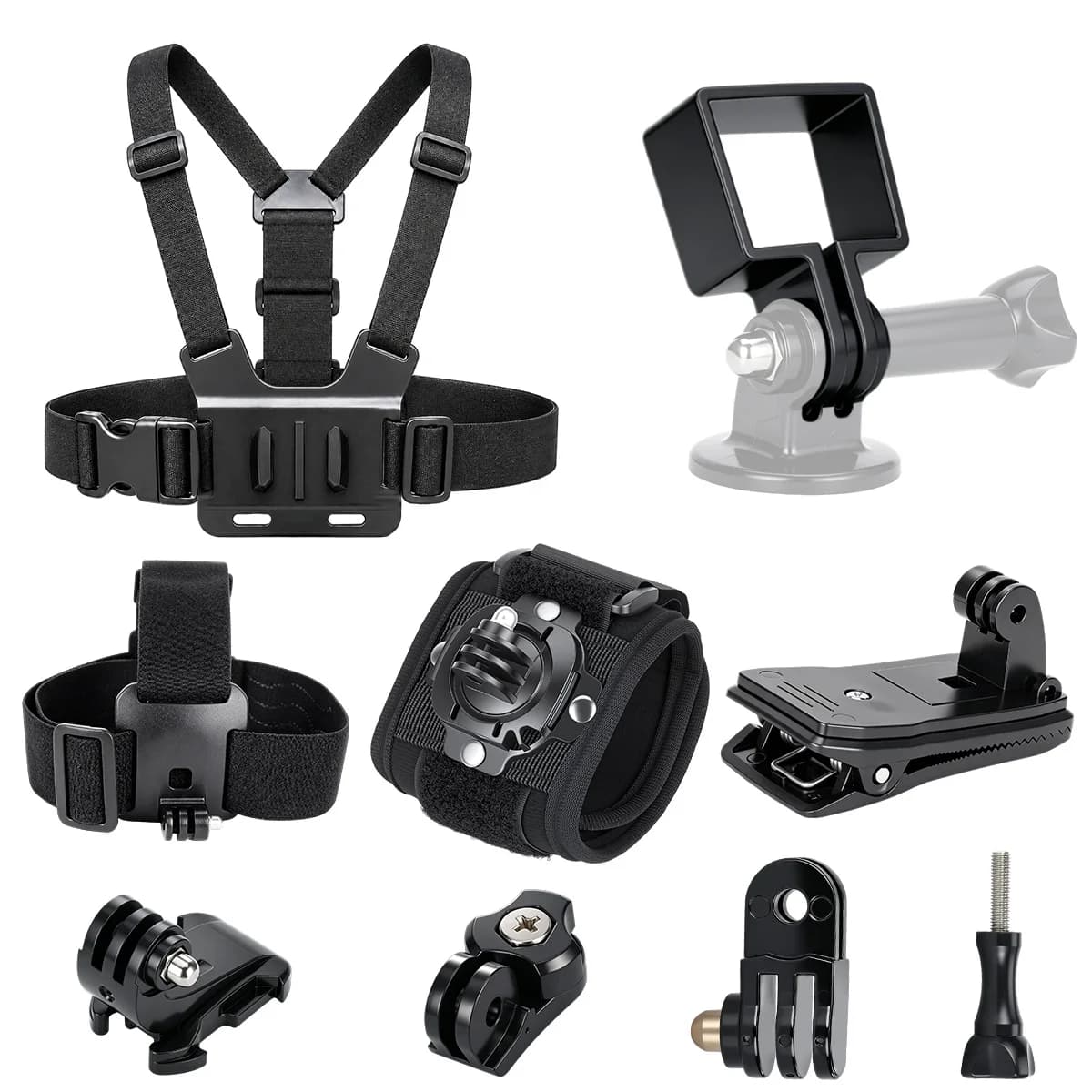 Accessoires pour caméra d'action : Sangle de poitrine, support de tête, clip de poignet et de sac à