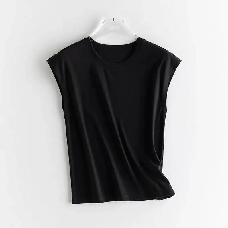 T-shirt sans manches en soie mercerisée et coton pour femme, col rond, coupe ample, frais et respira