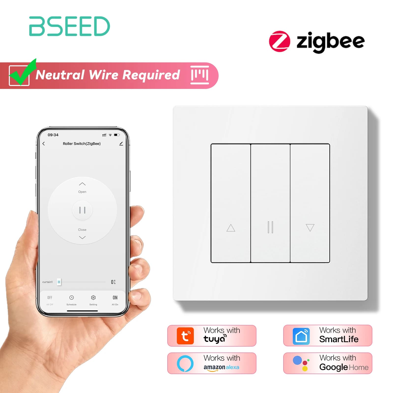BSEED – interrupteur d'obturation Zigbee série E, bouton de clic intelligent pour stores, cadre en p