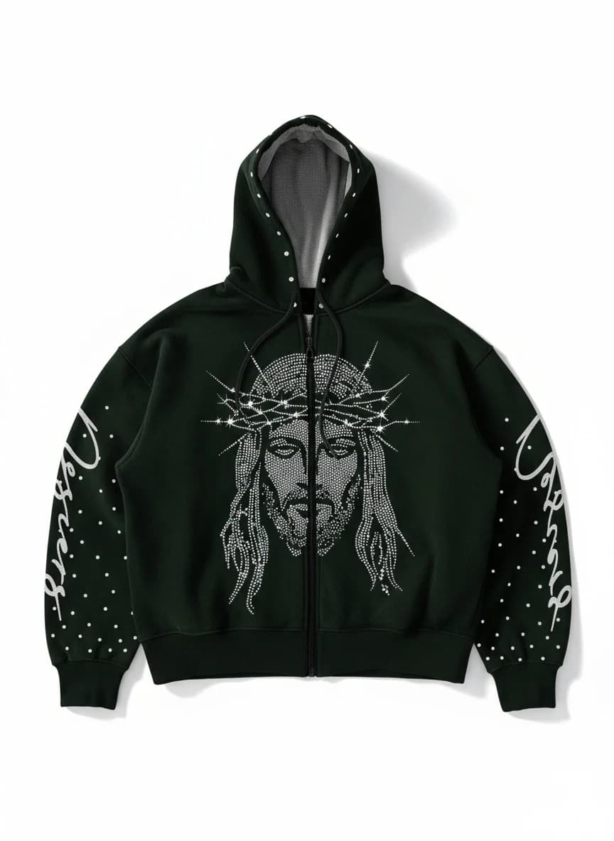 Un sweat à capuche ample avec un motif tridimensionnel de figures incrustées de diamants dans le sty