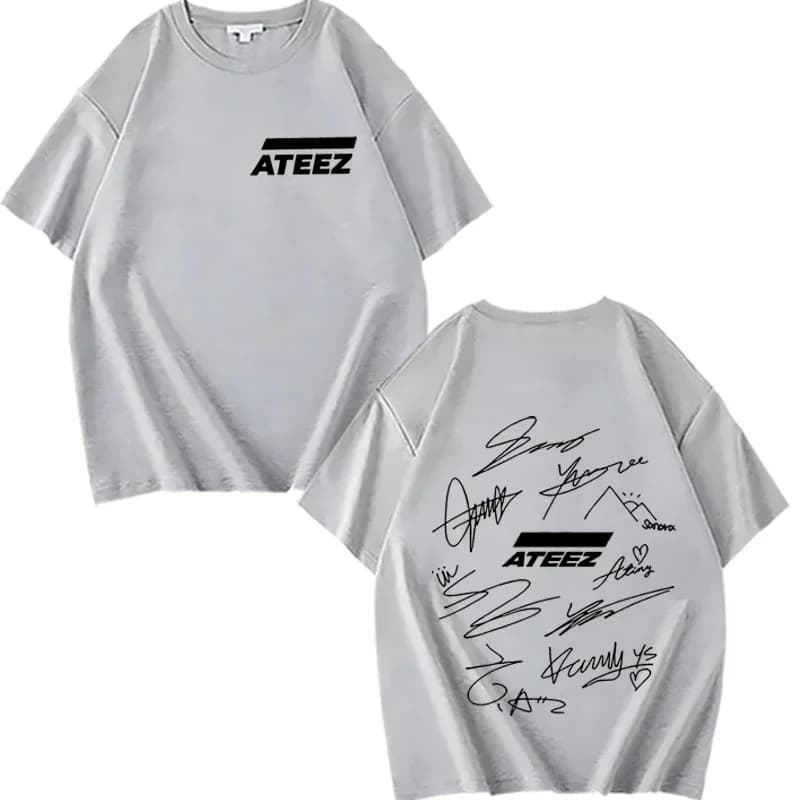 T-shirt ATEEZ World Tour avec signatures des membres du groupe et imprimé géométrique au dos, t-shir