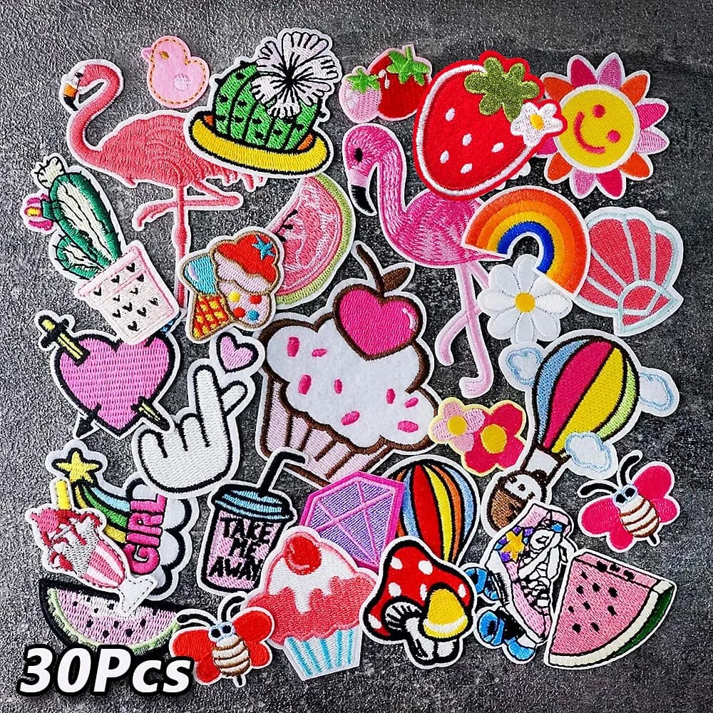 Lot de 30 pièces de patchs décoratifs à fleurs roses, flamant rose, broderie appliquée, vêtements à