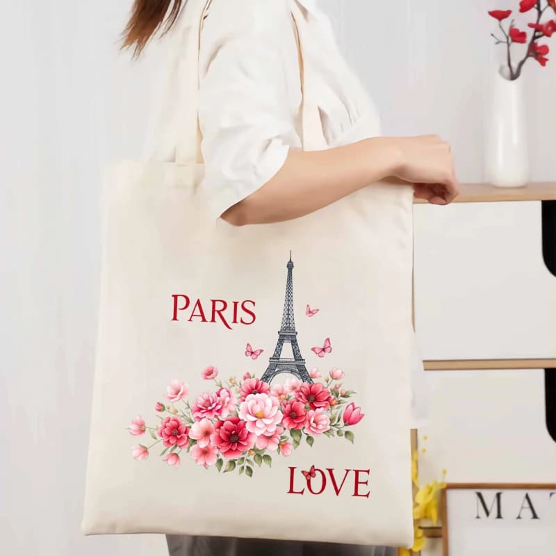 Sac fourre-tout en toile crème Paris Tour Eiffel imprimé amour floral, sac d'épicerie pour femme, ac